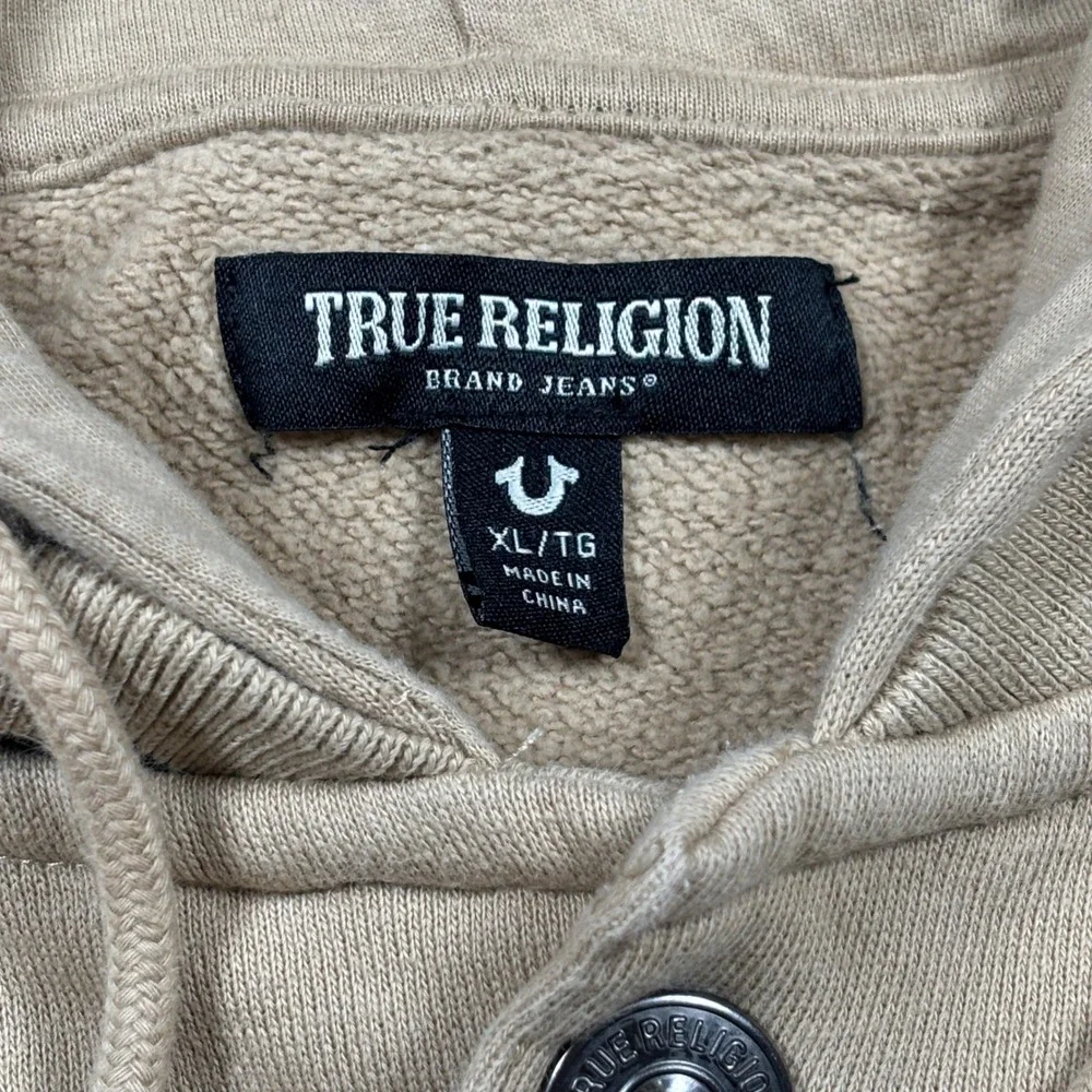 True Religion Varsity Hoodie Mens XL Tan Snap Front Chenille Logo Jacket Hoodie